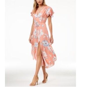 French Connection Coral Floral Print Ruffle Sleeve Wrap Maxi Dress Size 2